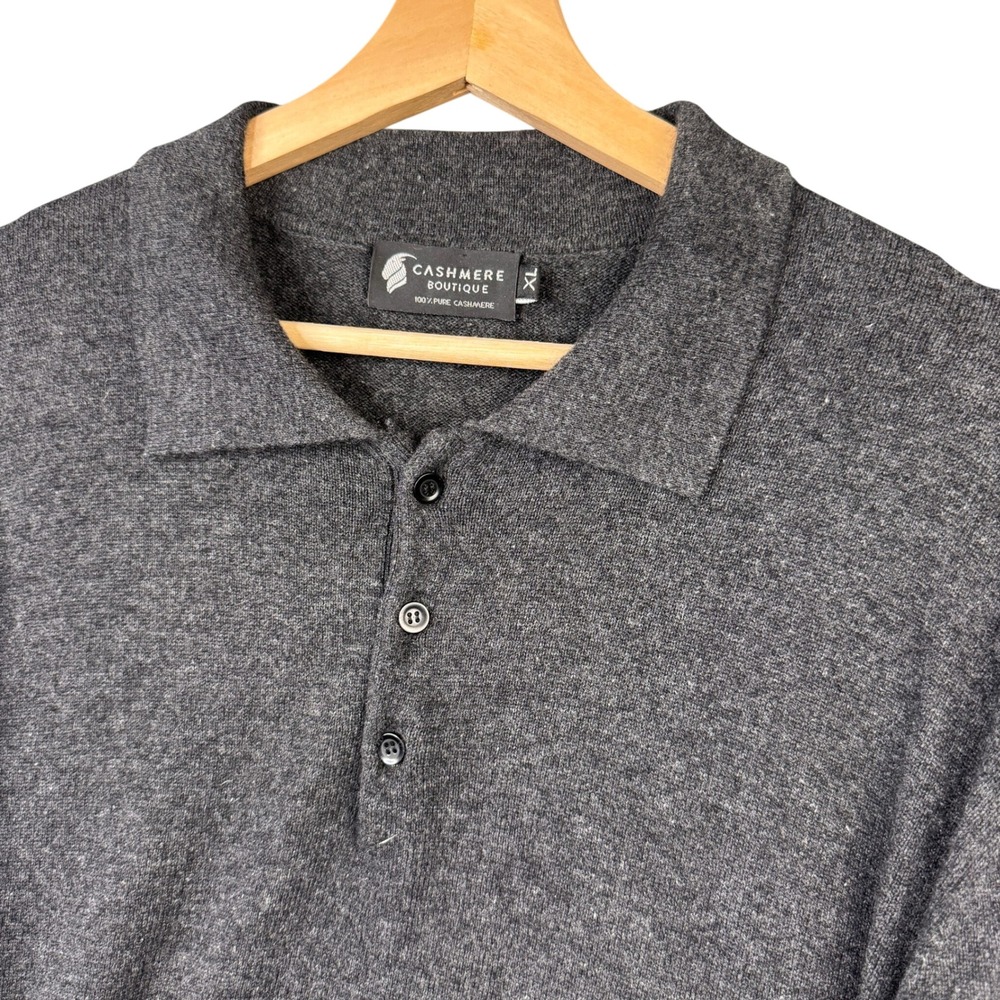 Cashmere Boutique Mens XL Gray 100% Pure Cashmere Long Sleeve Polo Sweater
